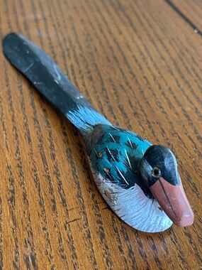 Vintage 70s Hand Carved Wooden Duck Letter Opener Hand Painted Office Art Decor